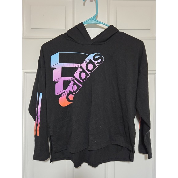 Adidas Kids Girls Hooded Shirt Size 10/12 M Loose Fit Black - Picture 1 of 3